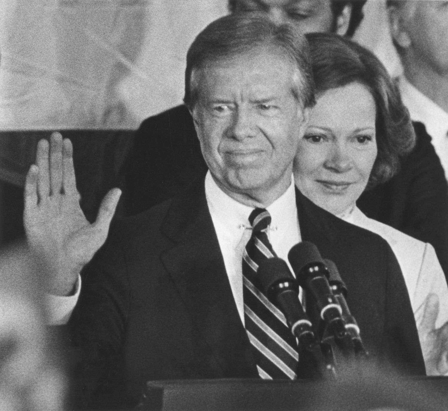 Original Caption: With First Lady Rosalynn by his side, President Jimmy Carter waves to supporters at what was supposed to be his victory party November 4, 1980 where he came to annouce that he was conceding the Presidency to Ronald Reagan. (UPI Photo/Don Rypka/FILES)
