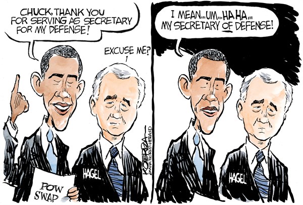 Jeff Koterba cartoon for June 13, 2014 "Hagel, Obama, Bergdahl"
