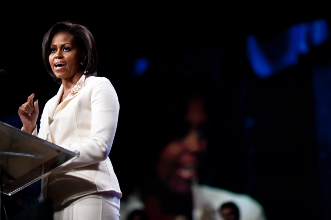 First Lady Michelle Obama delivers a speech at North Point Community Church in Alpharetta, Ga., Feb. 9, 2011.