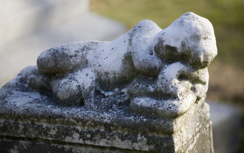 A baby angel watches over a child's grave, St. Louis' Calvary Cemetery.