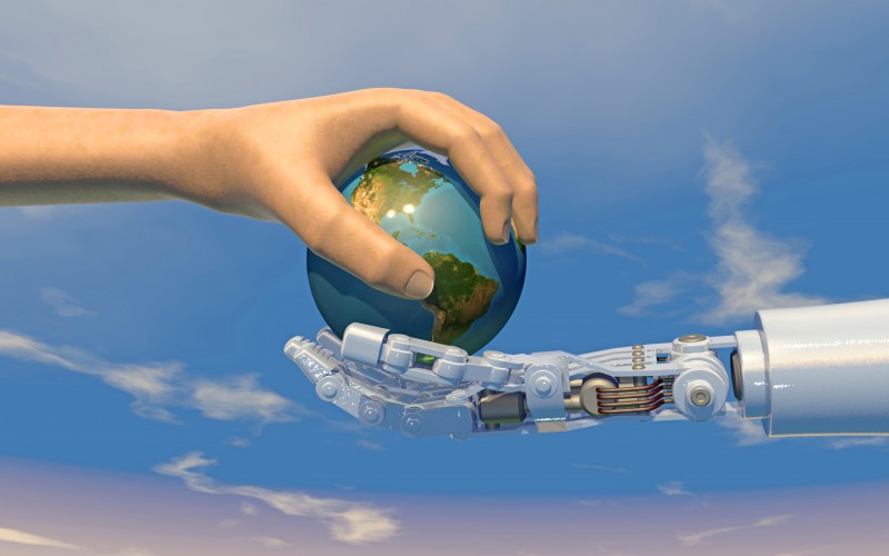 Human hand gives globe to robot, 3D render