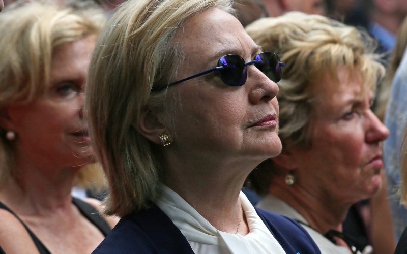 Democratic presidential candidate Hillary Clinton attends a memorial service at the National 9/11 Memorial on Sunday, Sept. 11, 2016 in New York. (Oakes De Mandeville/Sipa USA/TNS)