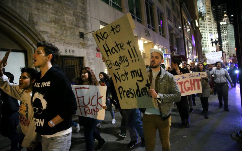 People protest the election of Donald Trump on Michigan Avenue in downtown Chicago on Thursday, Nov. 10, 2016. (Chris Sweda/Chicago Tribune/TNS)